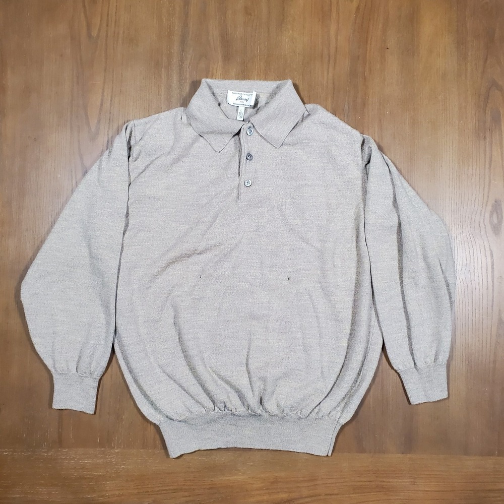 Brioni Sweater Mens L Tan/Brown 100% Extra‎ Fine Wool Polo Collar Made In Italy